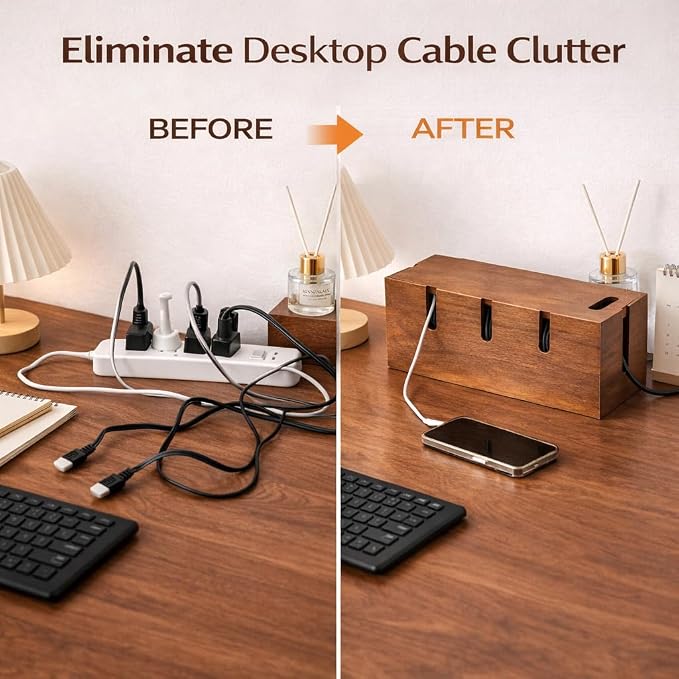 Cable Management Box for Desk & TV, Wooden Cord Hider Box for Power Strips, Chargers & Cords, Decorative Cable Organizer with 20 Reusable Cable Ties, Brown