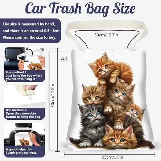 Cute Overlay Cat Car Trash Bag Hanging Garbage Bag with Snap Buttons Car Back Seat Trash Storage Portable Dustbin Vehicle Trash Can Bag for Vehicle Accessories Travel Camping