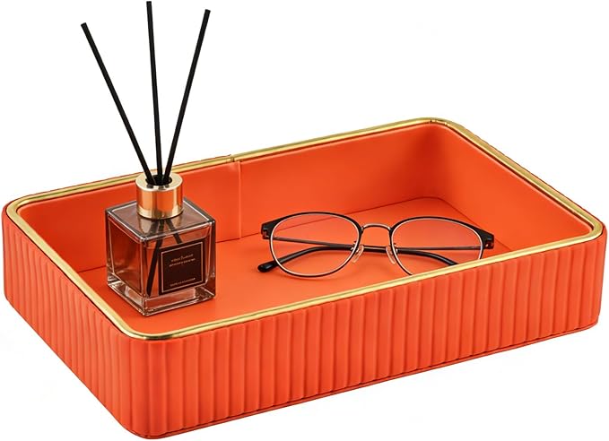 PU Leather Valet Tray,Desk Organizer Tray Nightstand Organizer Trinket Dish Storage Key Bowl Decorative Trays for Phone Wallet Jewelry Watch Bathroom Bedroom Perfume Vanity Trays,Orange
