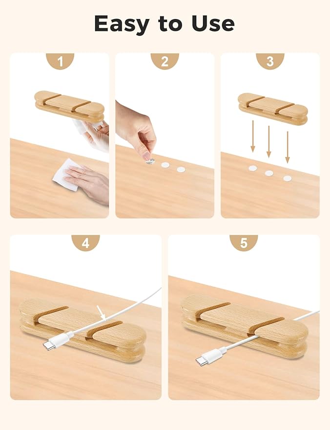 Natural Beech Wood Cable Holder & Cord Organizer, Adhesive Cable Clips for Desk, Under Desk, Wall, Bedside & Car, Wood Cable Management for Home Office, Phone Charging & USB Cables
