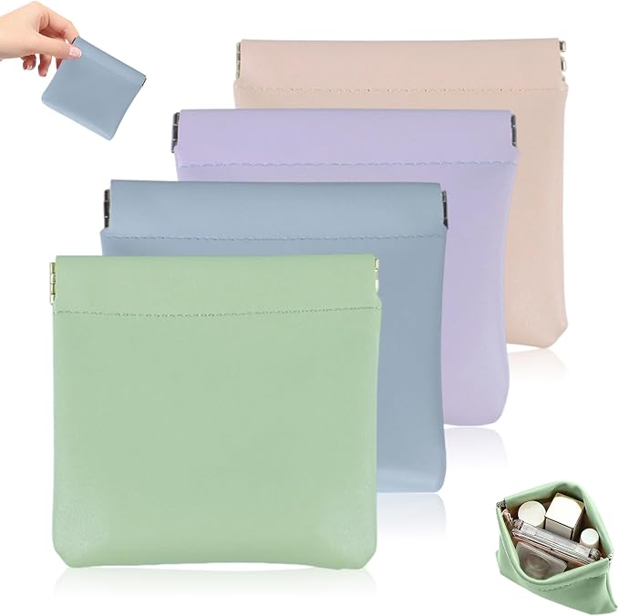 4Pcs Personalized Snap Closure Leather Organizer Pouch, Lambskin Pocket Cosmetic Bag, Portable Self-Closing Small Makeup Bag for Purse Women Mini Travel Coin Storage Pouches(4.7 * 4.5in)