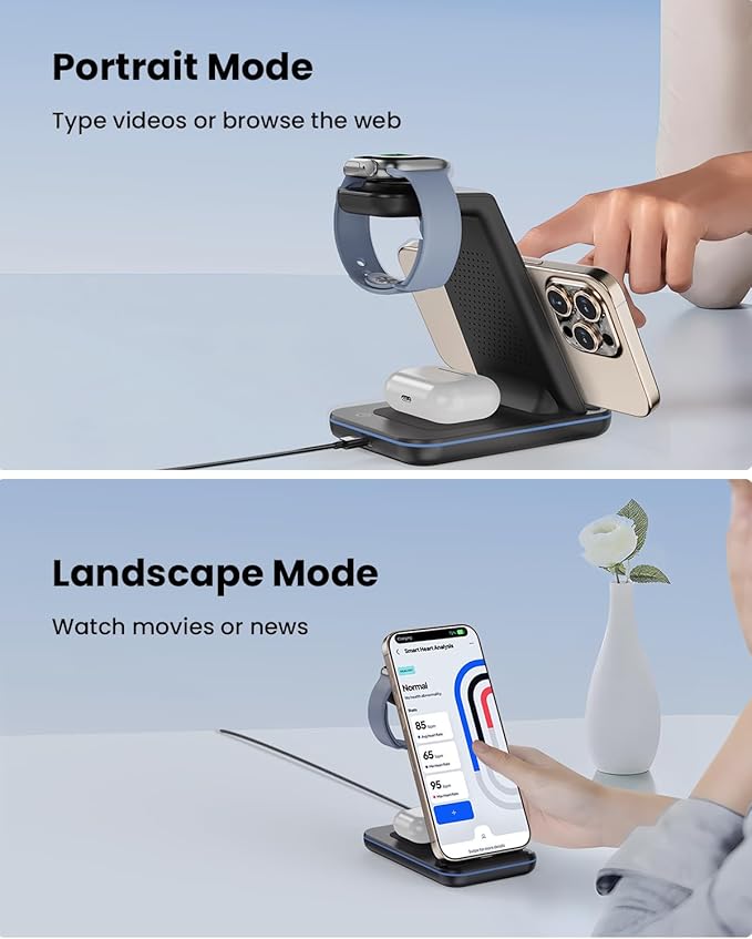 Wireless Charger Stand, CIYOYO 3 in 1 Fast Wireless Charging Station Dock for Apple Watch 11/9/8/7/6/SE/5/4/3/2, Airpods 3/2/Pro, iPhone 17/16/15/14/14 Plus/14 Pro Max/13/13 Pro/12/12 Pro/SE/X/XR/XS/8