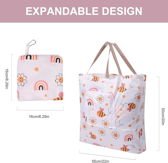 2 Pack Travel Laundry Bag with Handle and Drawstring, Expandable Foldable Dirty Clothes Bags with Hook and Zipper, 23*20 inch, Cartoon 1 White + Pink