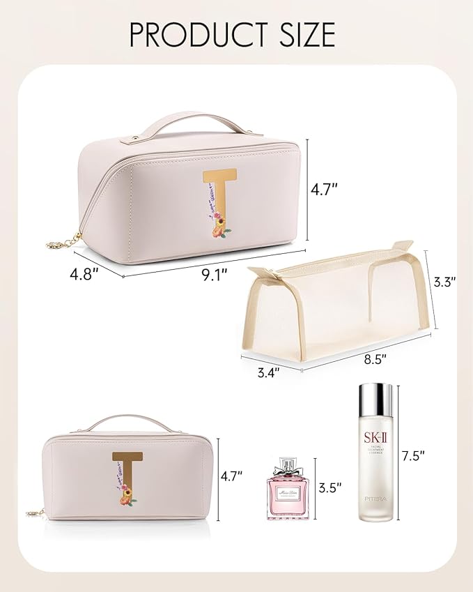 VLANDO Valentines Day Gifts,Initial A-Z Makeup Travel Bag, Personalized Gifts for Friendship Bridesmaid Gift Ideas Valentine's Day Anniversary（Letter T