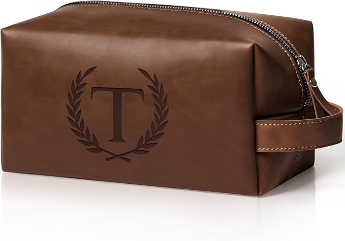 Personalized Gifts Travel Toiletry Bag for Men Engraved Initial PU Leather Waterproof Shaving Bag for Toiletries Accessories Fathers Day Birthday Gift for Men Dad Husband Son, Reddish Brown T