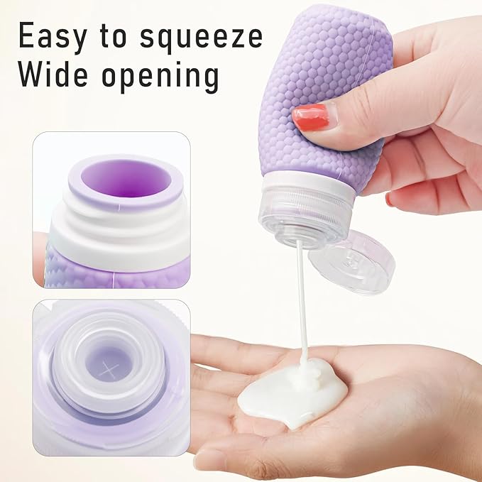 Travel Bottles for Toiletries 2oz 60ml 2 Pack + Cosmetic Jar 40ml 1.35oz Luxury Leather Pattern, Anti-slip Silicone Premium Refillable Bottle Set with Facial Brush On-the-go, Lavender Purple