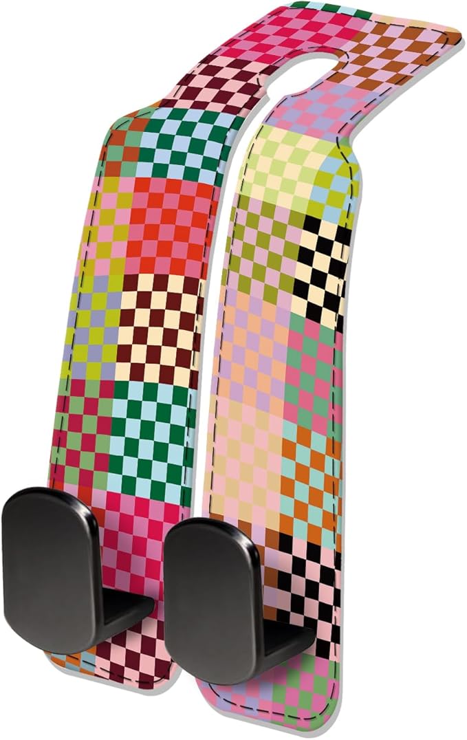 Car Seat Headrest Hook, Universal Leather Cute Hanger Holder Hook, Storage Organizer Interior Accessories for Purse Bags Handbag Colorful Cute Plaid