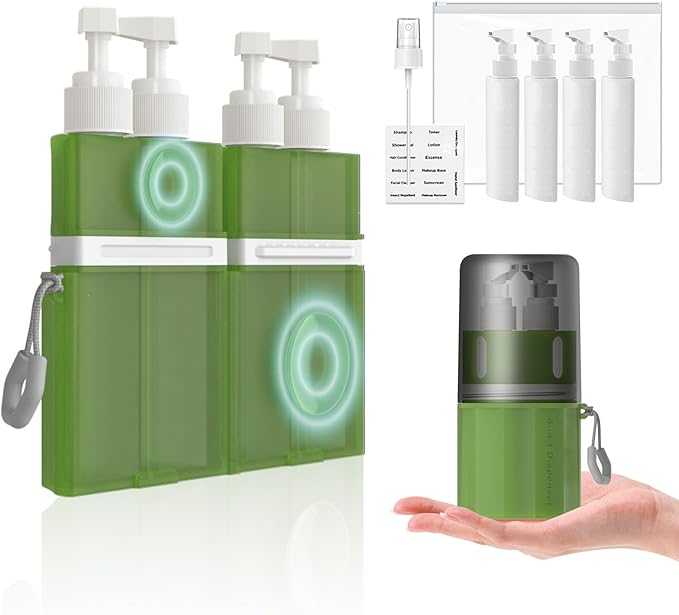 4 in 1 Travel Dispenser Bottle,TSA Approved Refillable Travel Size Toiletries Bottles Set with Suction Cup for Smooth Walls - for Shampoo,Conditioner,Body Wash,Lotion.(Green)