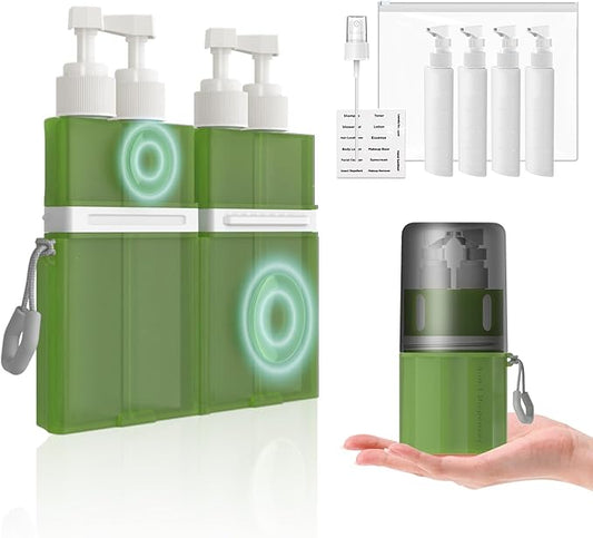 4 in 1 Travel Dispenser Bottle,TSA Approved Refillable Travel Size Toiletries Bottles Set with Suction Cup for Smooth Walls - for Shampoo,Conditioner,Body Wash,Lotion.(Green)