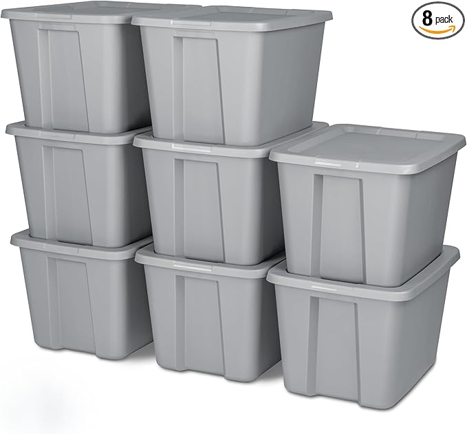 18-Gallon Plastic Storage Bins with Snap-on Lids – 8-Pack, Home Organization Essential (Light Gray)