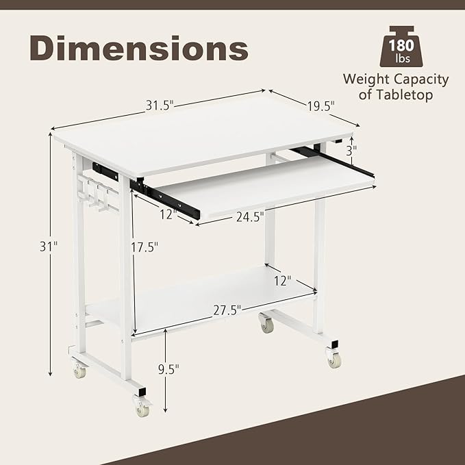 Tangkula Rolling Computer Desk Cart with Keyboard Tray, Mobile Portable Laptop PC Desk with CPU Stand & 3 Hooks for Sofa & Bed, Compact Small Desk on Wheels for Small Spaces (White)