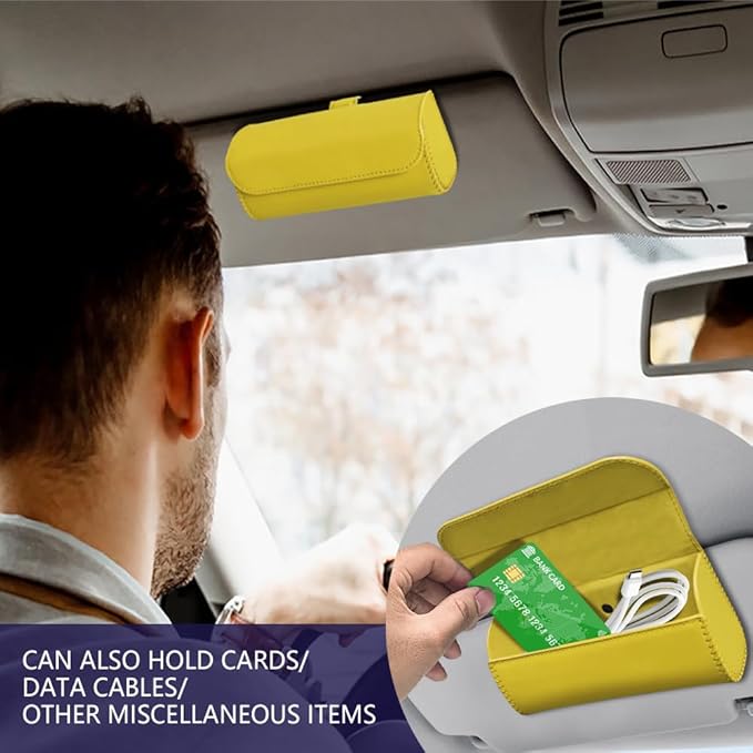 Sunglasses Holder for Car Sun Visor, Sunglass Organizer for Car, Magnetic Leather Eyeglasses Protective Storage Case, Waterproof Glasses Organizer Visor Accessories for Vehicles (Yellow)