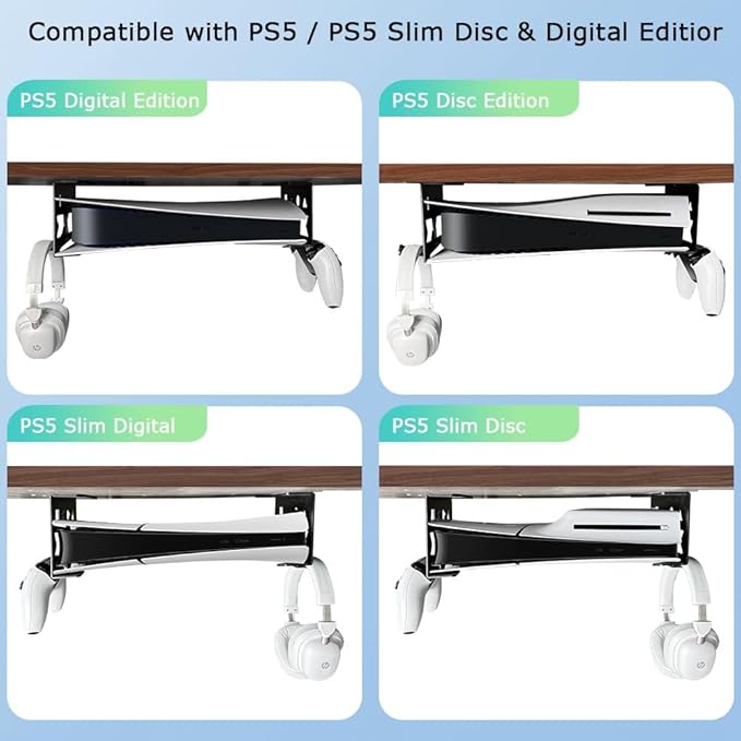 Aluminum Under Desk Mount for PS5/PS5 Slim/ PS5 Pro Digital & Disc, Securing Under Desk Bracket with Detachable Controller & Headphone Holder Kit No Drill (Black)