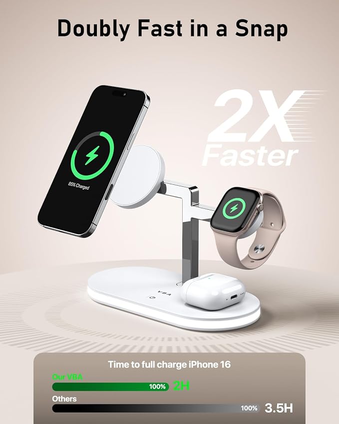 VBA 4 in 1 Wireless Charging Station for Apple MagSafe Charger,Fast Charging Magnetic Wireless Charger Stand with Night Light for iPhone 17 Air 16 15 14 13 12 Series,Apple Watch,AirPods Pro (White)