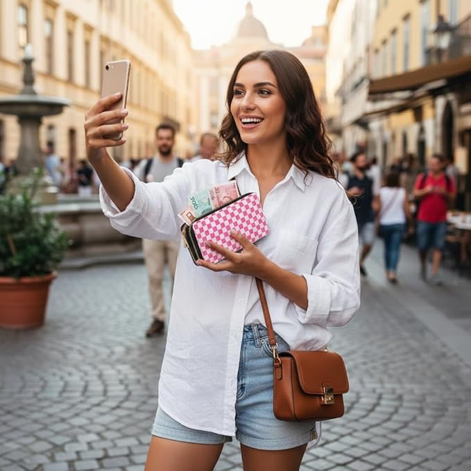 Checkered Wallets for Women Cute Large Capacity Pink Female Plaid Purse 2 Zippers Credit Card Holder