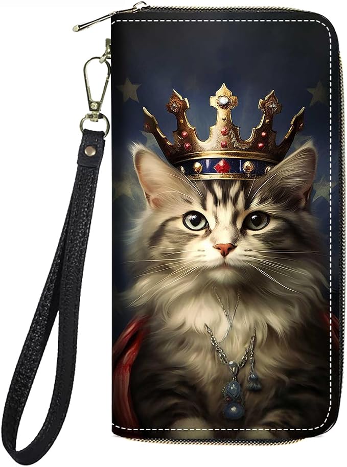 Women's Large Capacity Wallet PU Leather Zip Around Clutch Purse Multifunctional Wallet with Removable Wristlet Strap for Smart Phone/Coin/Card/Cash, Cat Wearing Crown