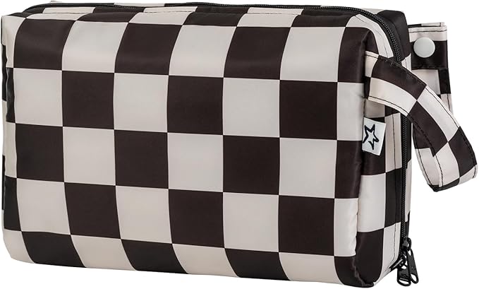 Tiny Twinkle Waterproof Travel Toiletry & Makeup Bag Organizer | Makeup Pouch with Multiple Compartments & Snap Handle for Travel | Gift for Teen Girls and Women（Black Checkers