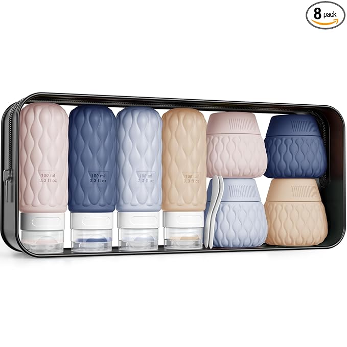 Silicone Travel Bottles for Toiletries 8 Pack Travel Size Toiletries 3.4 oz 1.7 oz, Leakproof Squeeze Travel Size Containers Refillable Cosmetic Jars Set for Shampoo, Conditioner, Creams