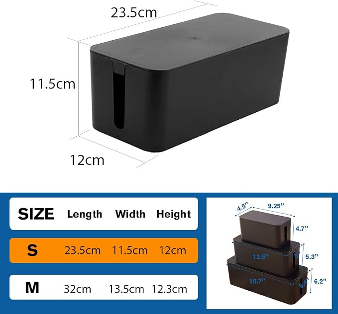 Powerking Cable Management Box, Cable Organizer for Hide and Conceal Power Strips and Electrical Cords,Cord Organizer Made from Safe ABS Material (Small, Black)