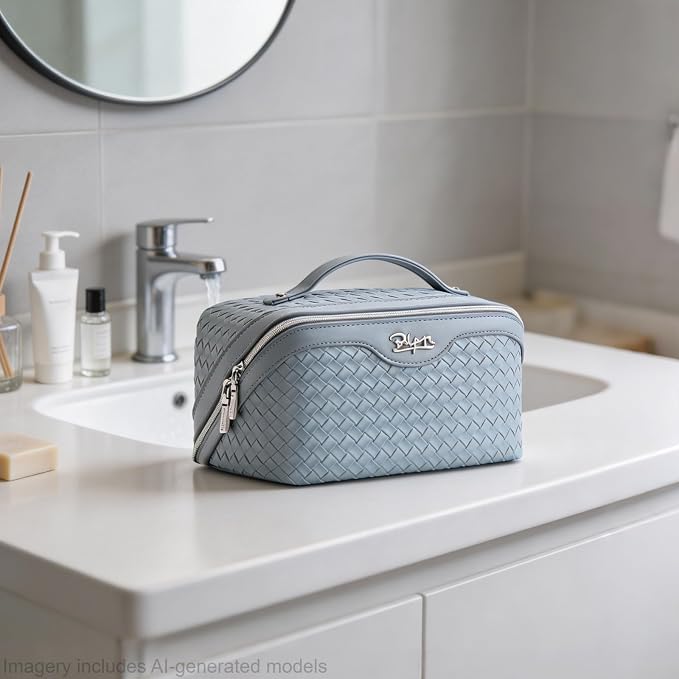BOYATU Travel Makeup Bag Cosmetic Bags for Women: Large Capacity 3 Pcs Set Make up Bag with Compartments - Waterproof Vegan Leather Toiletry Organizer Bags with Handle (L04 Light Blue)