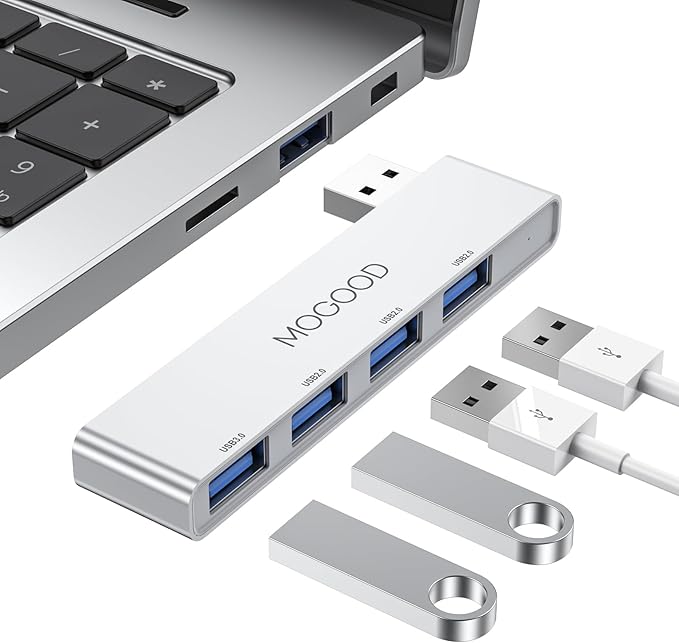 MOGOOD USB 3.0 Hub, Ultra-Slim 4-Port Expander – No Cable, Stays Flush with Laptop – Expand Ports for Keyboard, Mouse, Flash Drive, Printer (Right Side)