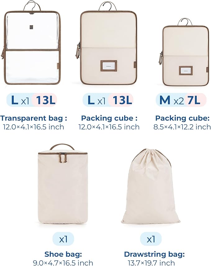 BAGSMART Hanging Packing Cubes for Travel, 6 Set Clear Waterproof Packing Cubes for Suitcases, Storage Organizer for Hanging Closet with Zipper, Handles and Hook Baby Pink