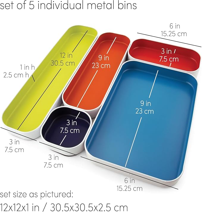 Three by Three Seattle 5 Piece Shallow Metal Organizer Tray Set for Storing Makeup, Stationery, Utensils, and More in Office Desk, Kitchen and Bathroom Drawers (1 Inch, Assorted Colors)