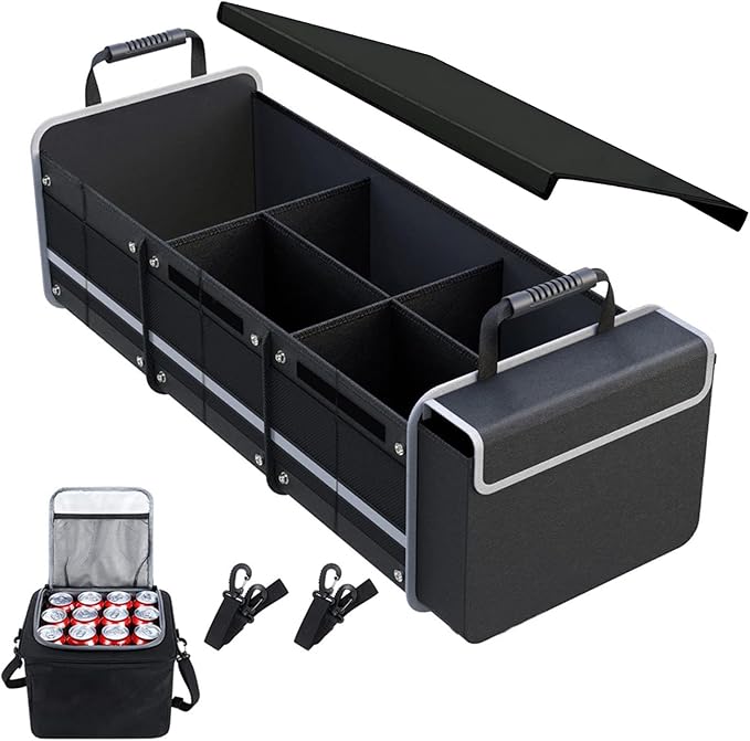 Car Trunk Organizer with Cooler Bag, Collapsible Multi-Compartment Car Organizer for SUV, Truck, Durable Car Storage Organizer for Groceries, Camping, Christmas Gifts (Black)