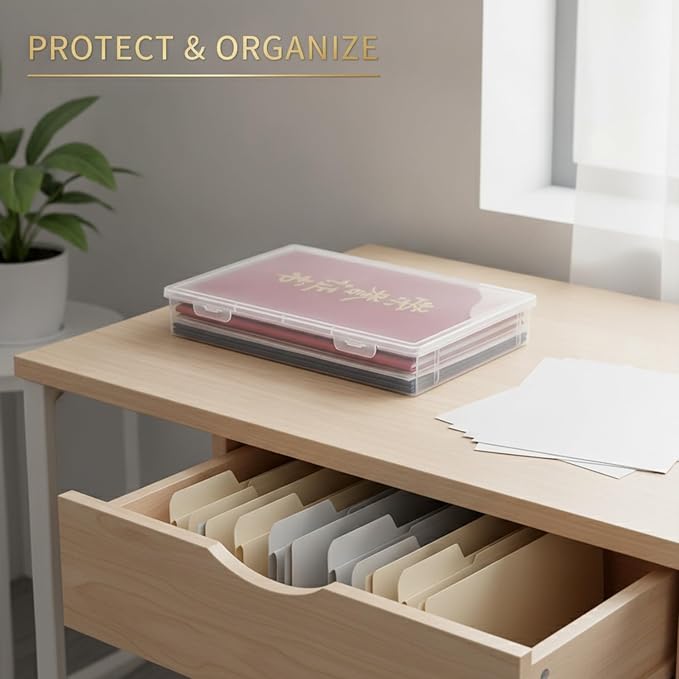 1.97-Inch Low Profile Document Storage Box, Rigid PP Plastic File Organizer with Lid for Desktop and Drawer