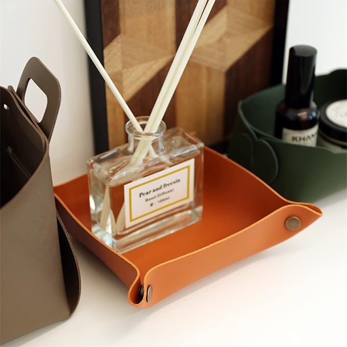 Foldable Leather Catchall Tray, Jewelry Organizer for Travel, Nightstand, Home or Office (Orange-S)