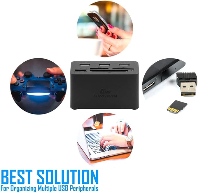 Kingwin USB HUB Adapter w/ Memory Card Reader Writer & USB 3.0 HUB Combo - Supports High Speed SD MS Micro M2 CF Card Reader For Macbook, Laptop, Desktop - Includes USB Cable 5 Gbps Speed, Black