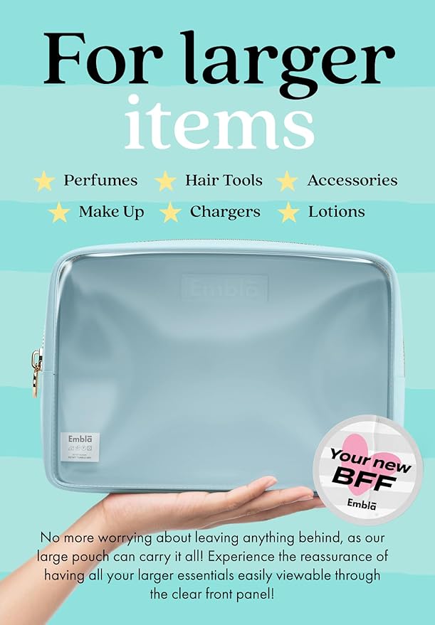 Embla Clear Large Makeup Bag Cute Big Make Up Nylon Pouches Travel Bathroom Bags for Toiletries XL Cosmetic Pouch for Women Girls Extra Large Zipper Toiletry Skincare Organizer Blue