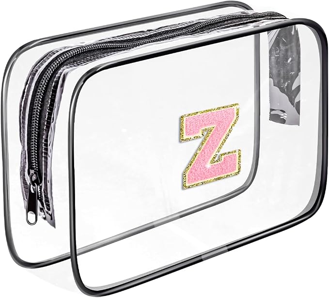 Clear Toiletry Bag,Portable Travel Toiletry Bag,Chenille Letter Cosmetic Bag with Zipper,Waterproof Makeup Bag,Cosmetic Storage Organizer for Women Men,Travel Essentials (Black,Z)