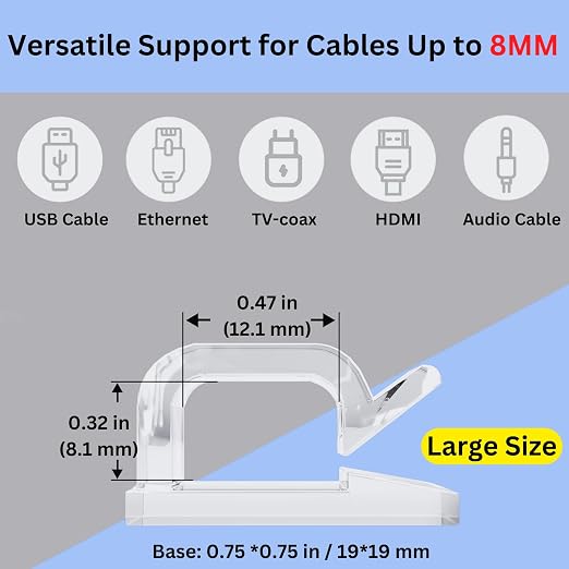 100 PCS 3/4” Adhesive Cable Wire Clips Clear, Cable Staples Outdoor Christmas Light Clips, Cable Management Under Desk Wire Organizer Cord Holder for Car, Wall, TV PC Ethernet