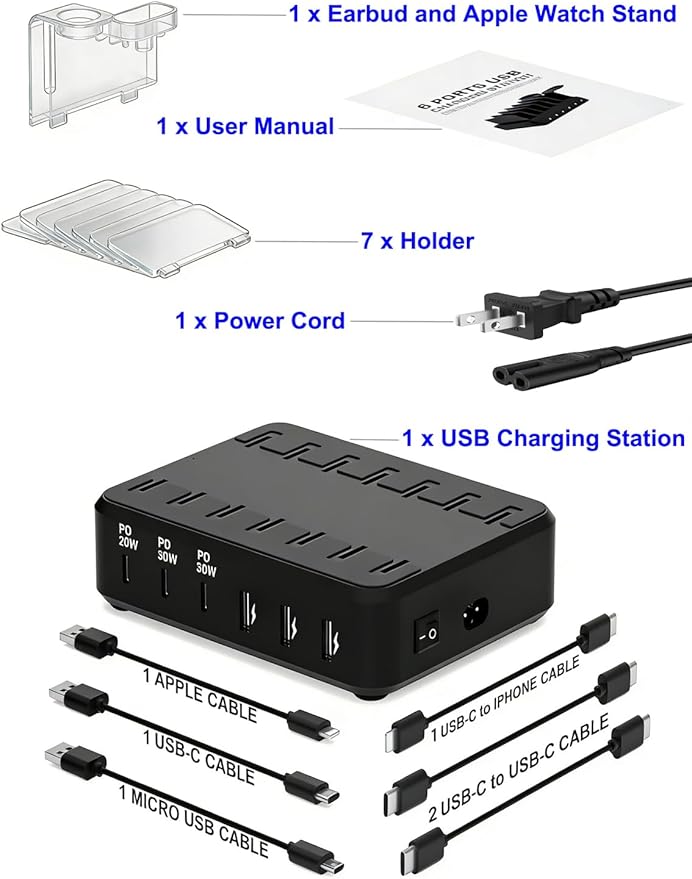 Charging Station for Multiple Devices, 110W 6 Port USB-C Fast Charger Station Dock for iPad iPhone Android Cell Phone Tablet, Family Multi-Device Organizer (6 Short Cables Included)