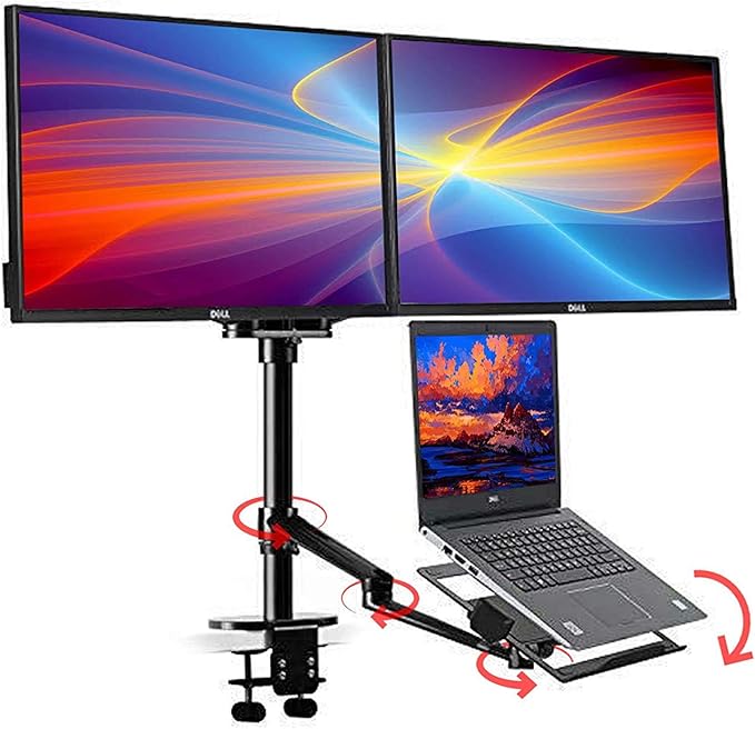 Height Adjustable Laptop Monitor Stand - Compatible with 13 to 17.3 inch Laptops, Holds 2 Monitors 11 to 27 inch with Vesa, Black