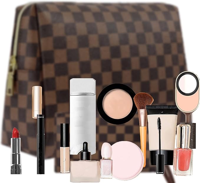 BAGCRAZY Checkered Makeup Bag Set, Elegant Travel Cosmetic Bag 2 Pack, Waterproof PU Leather Makeup Organizer with Zipper for Women
