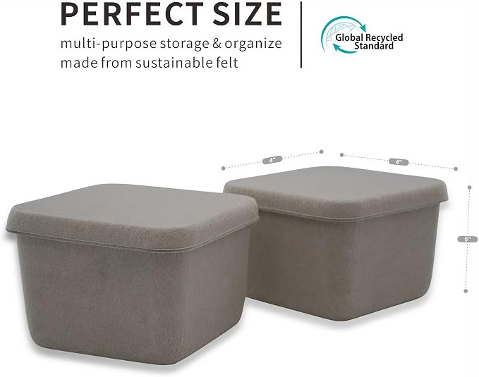 Welaxy 2-piece cubic lidded felt drawer organizer bin desktop stackable storage container with lid decluttering home office for jewelry watch clips binder office supplies (Stone)