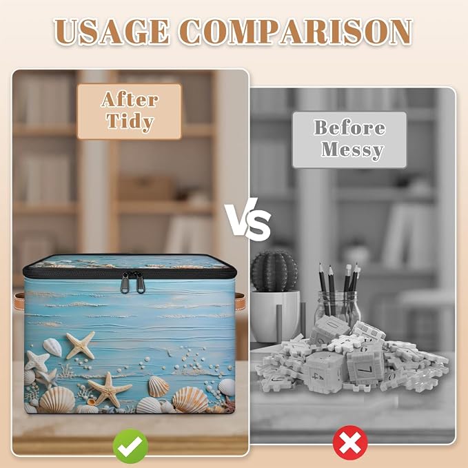 Sea Star Shell Storage Basket for Bedroom Kitchen Bathroom Storage Bins with Lids Collapsible Toy Cube Storage Organizer for Kid Teen Women Men