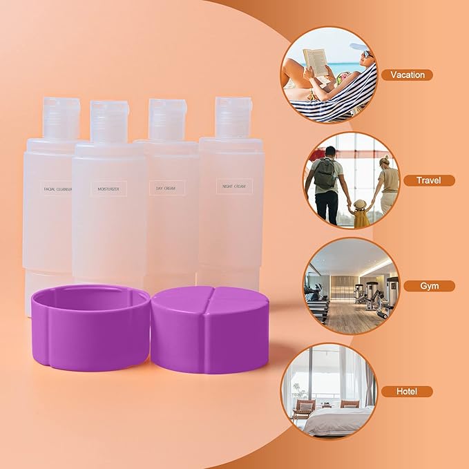Olatay Travel Bottle, TSA approved 4-in-1 Leak-Proof Bottle, 4 * 60ml/2oz, with 2 Pre-printed Labels for Travel Gym Camping, Carry-On Travel Size Toiletries Shampoo Lotion Bottle for Women Men(Purple)