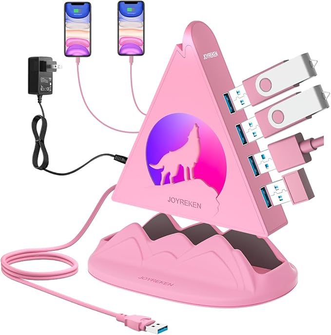 Powered USB Hub 3.0, 6-Port Hub(4 USB 3.0 Data Ports + 2 Smart Charging Ports) with 48W Adapter, RGB Light, Base, Compatible with PC, Laptop, Mac, External Hard Drives, Fast Charging for Phone(Pink)