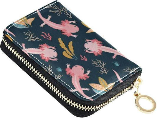 Cute Axolotl RFID Credit Card Holder Wallets Accordion for Women Leather Zipper Card Case Accordion Wallet for Ladies Girls