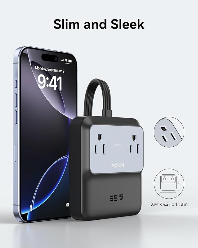 Charging Station, 65W Max 6-in-1 USB C Power Strip for iPhone 17/16 and MacBook, Flat Plug and 5ft Thin Undetachable Extension Cord,2 AC,2 USB-A,2 USB-C,Fast Charging Desktop Charger for Home & Office