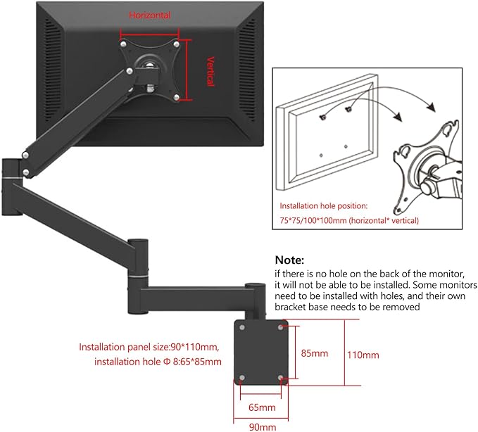 Adjustable TV Wall Mount Bracket with Extended Arm, Ideal for 17-21 Inch Screens, VESA 75x75mm, 100x100mm, Perfect for Bedroom or Workspace, Swivel Design, Holds up to 5.5kgs