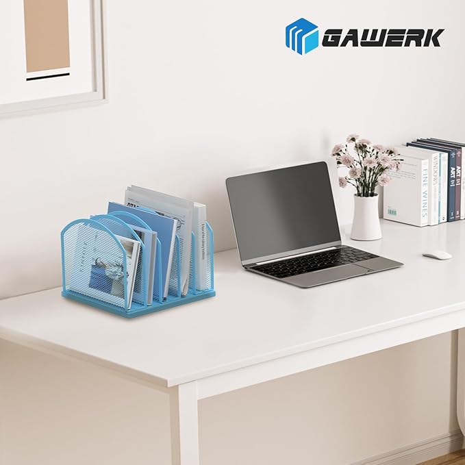 Gawerk 5-Section Vertical Desktop Organizer, 5-Section Mesh File Folder Stand Sorter for Office Home Classroom Organization (1, Blue)