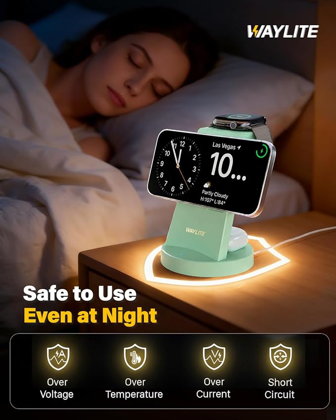 3 in 1 Fast Charging Station for iPhone, 25W Wireless Magnetic Phone Charger for iPhone 17 16e 16 15 14 13 12 Serise, Watch Charger Stand, Wireless Charging Station for AirPods 4 3 Pro, Green