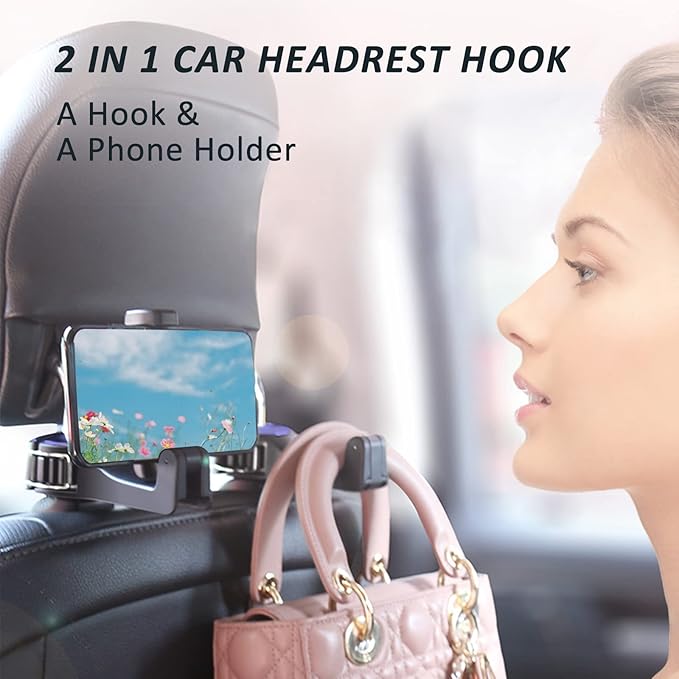 Car Headrest Hook with Phone Holder, Universal 360 Rotation Headrest Hooks for Purses and Bags (Blue)