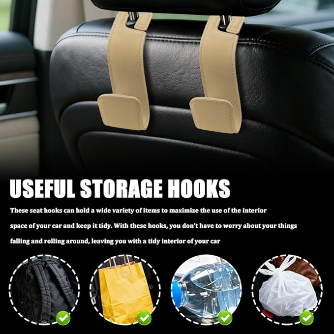 Car Seat Headrest Hooks, Purse Hook for Car, Automotive Headrest Handbags Holder, Auto Accessories Leather Seatback Organizer Hanger for Hanging Purses Bags Coats (Beige, 1PCS)