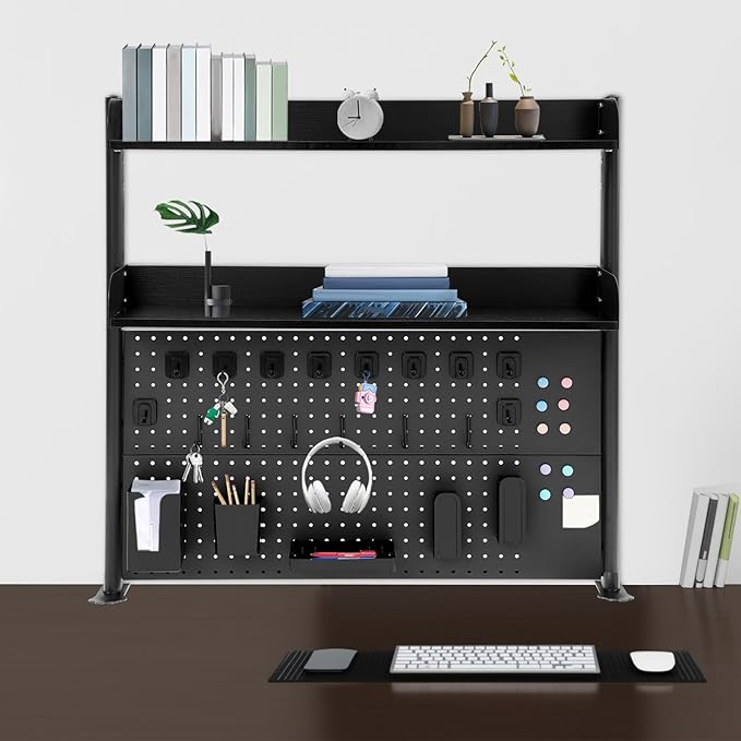 Clamp-On Pegboard Desk Organizer, 2-Tier Clamp On Desk Shelf with Hooks, Office Accessory Organizer for Books, Office Supplies & DIY Storage, 16.5lbs Capacity, 39.37" x 37.4", Black