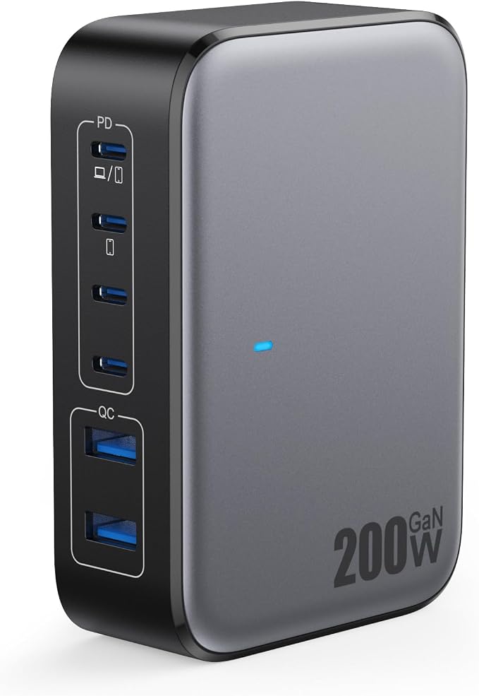 USB C Charger 200W USB Charging Block,6 Ports GaN IV Foldable Wall Charger Outlet Plug,QC4.0 Fast Charging Station Hub,PD 65W Laptop Adapter for MacBook Pro/Air,Dell,iPhone 16/15,Galaxy,Steam Deck